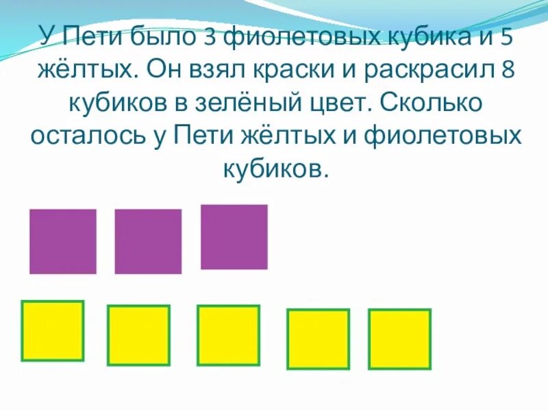 У пети есть 27 белых деревянных кубиков. У пети было 85 кубиков. измени расположение зеленого кубика и желтого. у пети было.