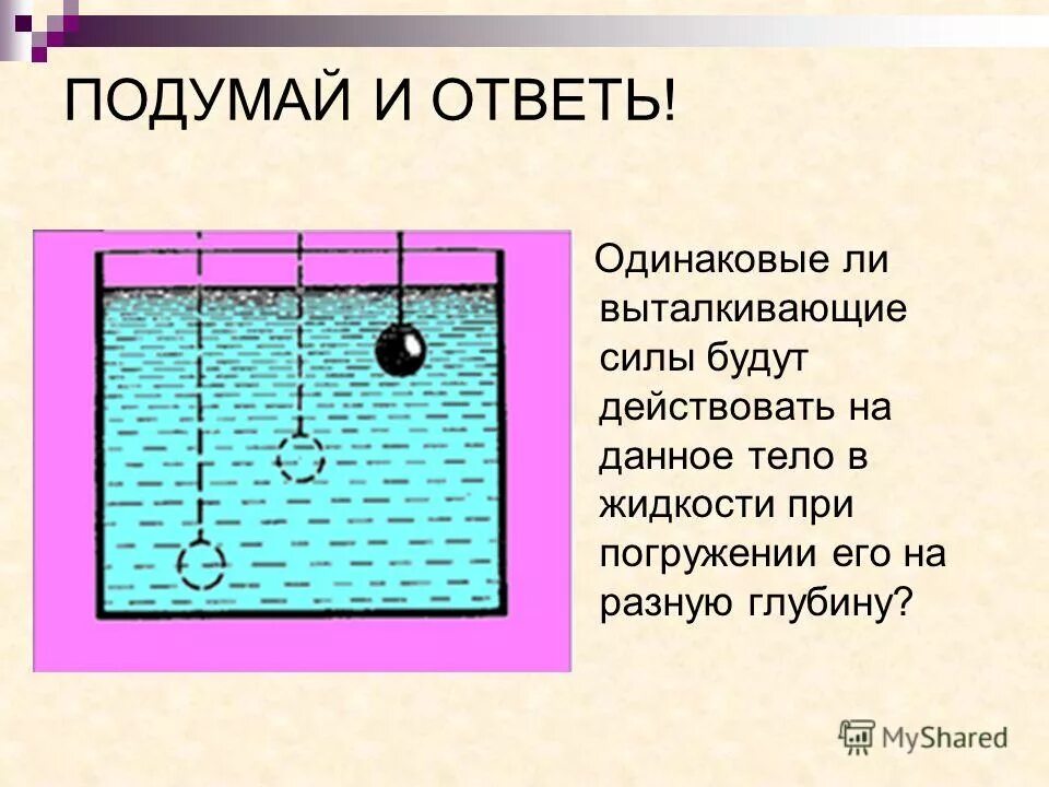 Причина выталкивания цилиндра жидкостью. Выталкивающая сила в разных жидкостях. Выталкивающая сила из жидкости. Силы действующие на тело в жидкости. Сила Архимеда.