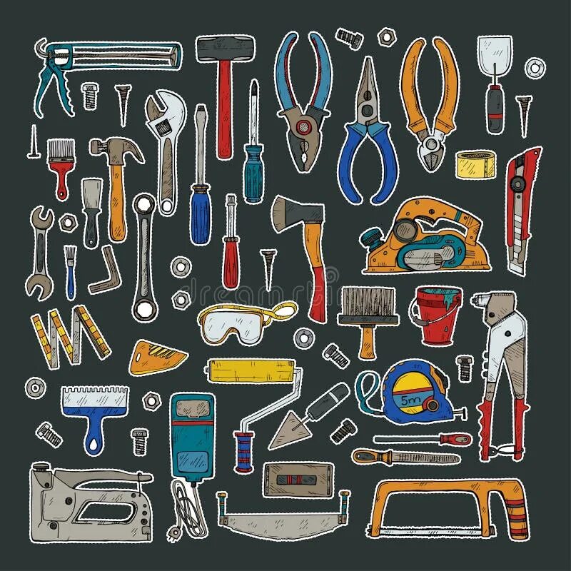 Sticker Tools. House Repair Repair Tools. House Repair hand draw images. Repair House picture.