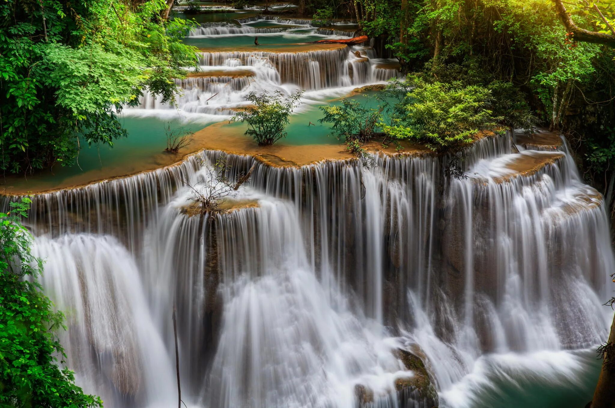 Манзара водопад. Фотообои водопад Erawan. Природа водопад панорама. Красивые водопады мира в высоком качестве