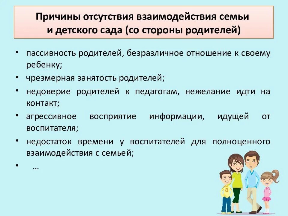 Взаимодействие ребенка с родителями. Отношения педагога с родителями и детьми. Взаимодействие ДОУ И семьи. Проблемы у педагога с родителями.