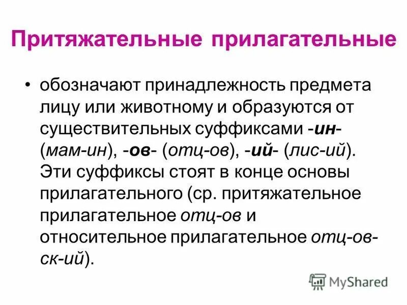 Притяжатнльные прилогат. Прилагательные образованные от собственных. Притяжательные прилагательные от имен собственных. Правило образования притяжательных прилагательных. С помощью каких суффиксов образуются притяжательные прилагательные.