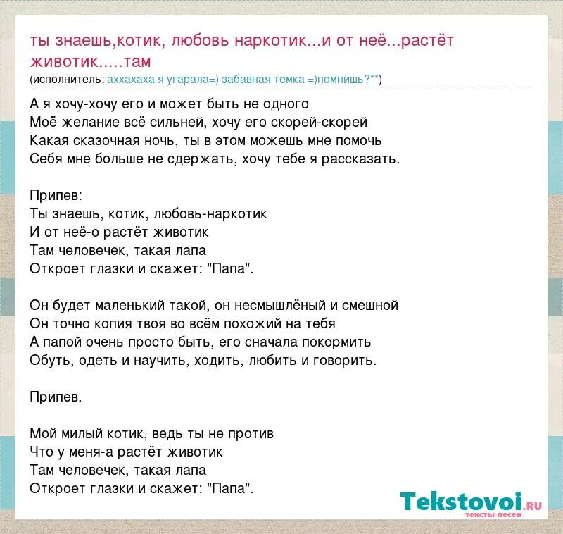 Ты знаешь так хочется слова. Песня ты знаешь котик любовь наркотик. Текст песни котики наркотики. Знаешь котик от любви растет животик. Мой котик мой наркотик.