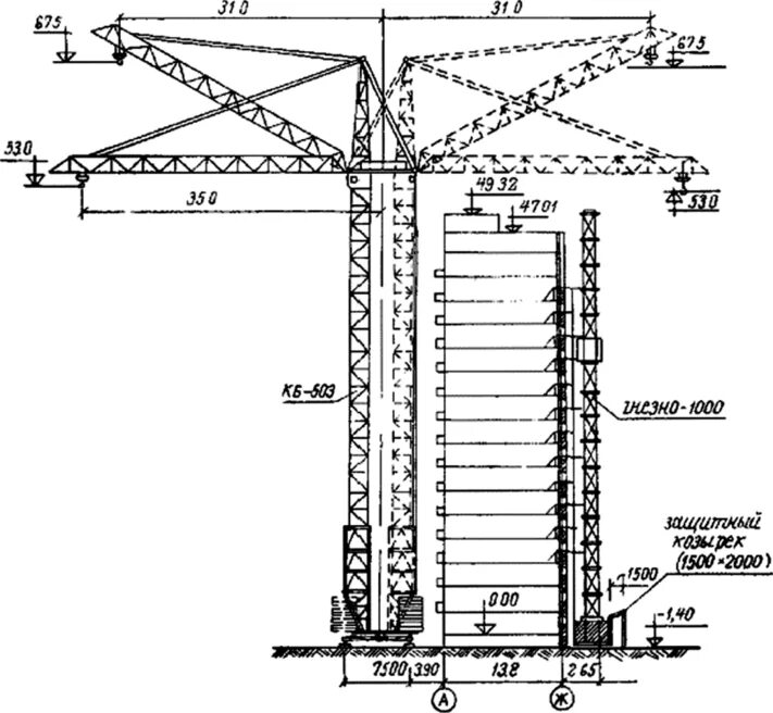 Привязка крана. Башенный кран 63к чертеж. Телескопическая секция башенного крана. КБ 515 чертеж. Схема привязки башенного крана к зданию.