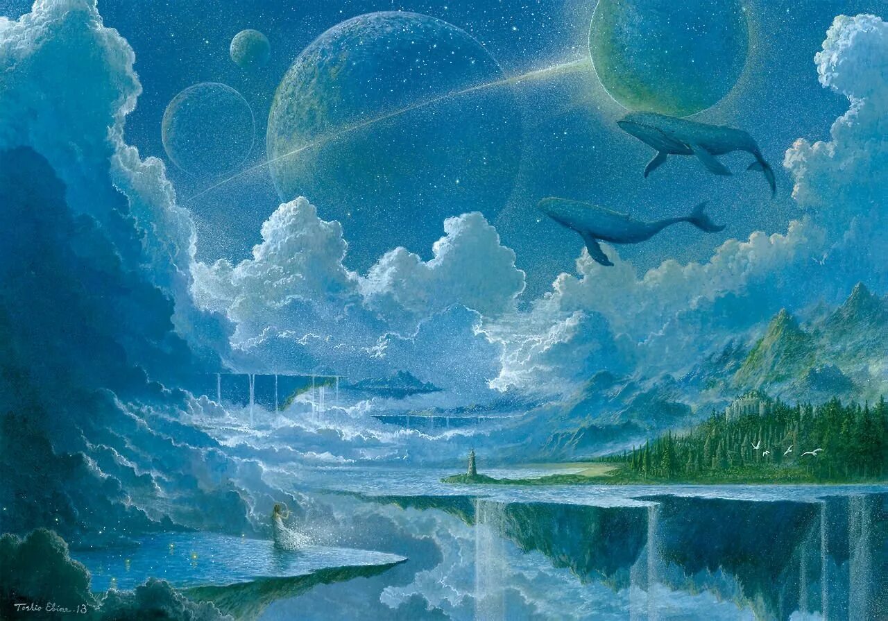 Пейзаж воображение. Toshio ebine - художник. toshio ebine - художник киты. фантазийный пейзаж. сказочное небо.