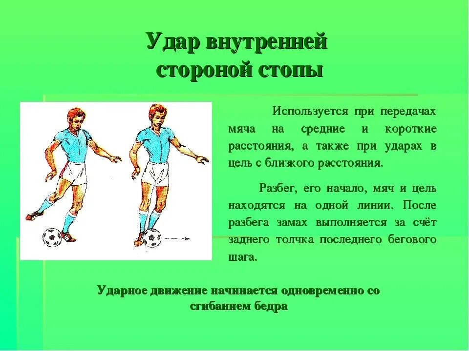 Цель игры ударом. Виды ударов в футболе. Удар внутренней стороной стопы. Удар по мячу внутренней стороной стопы. Техника передачи мяча в футболе.