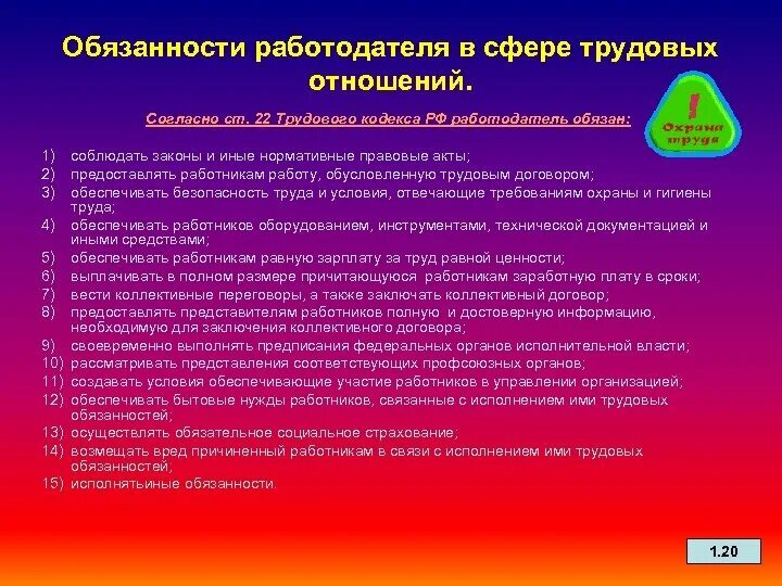 Целями трудового законодательства являются тест. Обязанности работодателя в РФ. Обязанности работника по ТК РФ. Ст 22 ТК РФ работодателя.