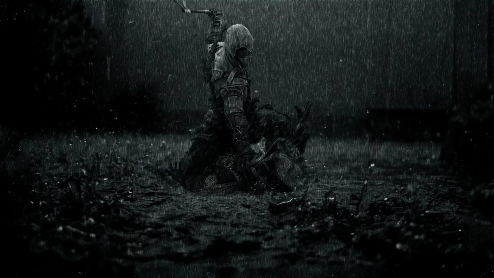 Rain death. Одинокий воин. Воин в темноте. Мрачные обои на рабочий стол. Мрачный дождь.