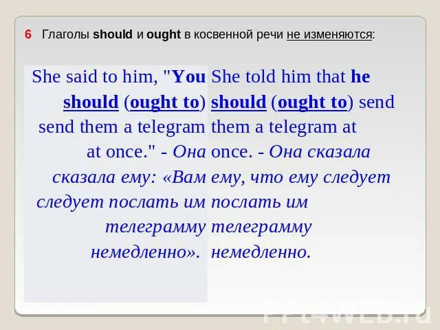 Ought в косвенной речи. Глаголы для косвенной речи. Ought to в косвенной речи. Косвенная речь в английском Модальные глаголы.