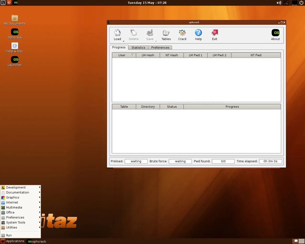 Linux live cd. Ophcrack. ophcrack 3.8.0. live cd linux. ophcrack tux@slitaz:&quot;$.