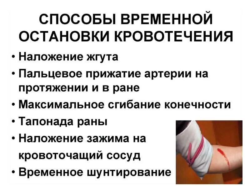 Оказание первой помощи остановки наружного кровотечения. Временные способы остановки кровотечения. методы временного остановки кровотечения. алгоритм временной остановки кровотечения. способы переменной остановки кровотечения.
