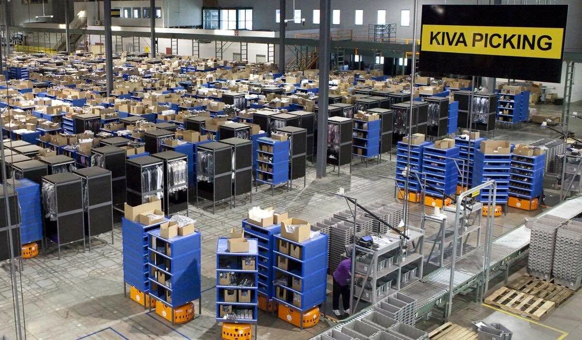 Амазон система. Роботы kiva amazon. складские роботы kiva systems. робот kiva на складе amazon.. автоматизированный склад амазон.