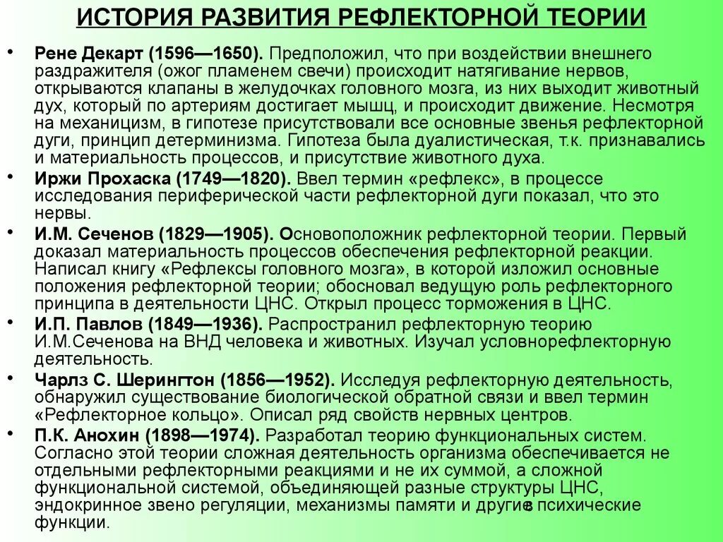 История развития рефлекторной теории. Основные принципы рефлекторной теории. Основные этапы учения о рефлексе. Историческое развитие рефлекторной теории. Документы на современном этапе