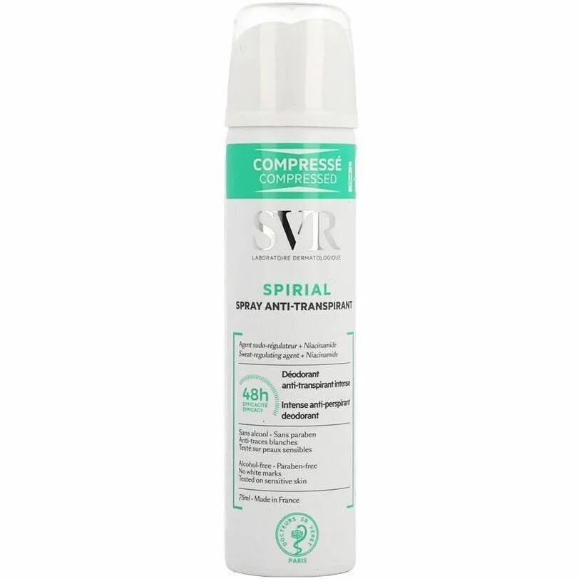 Дезодоранты отзывы врачей. Дезодорант SVR Spirial. SVR Spirial Spray спрей-антиперспирант 75 мл. SVR Spirial дезодорант-спрей антиперспирант 75мл №2. Спириал дезодорант ролл-он 50мл SVR.