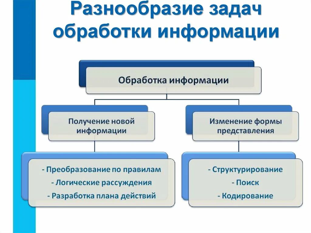 Обработка информации. Виды обработки информации. Разнообразие задач обработки информации.