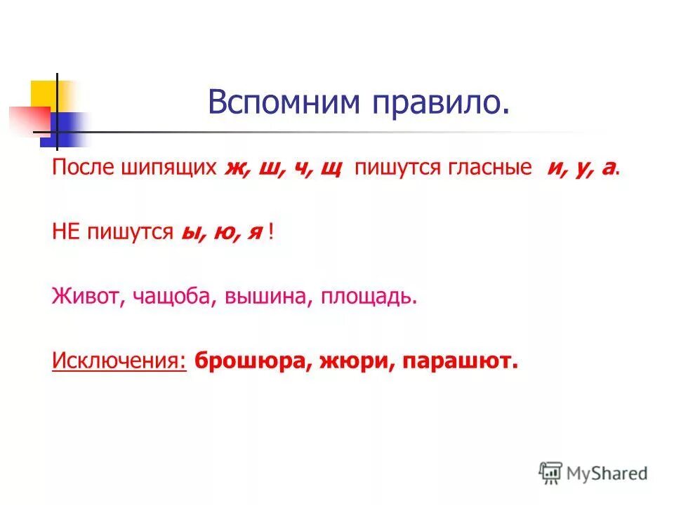 Ы и после шипящих. Написание букв у ю после шипящих. У Ю после шипящих правило.