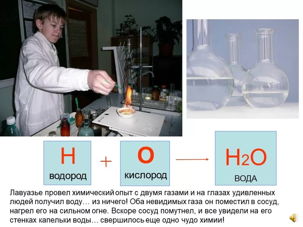 Водород первый элемент. Химические элементы опытов. Опыты с кислородом. Получение воды. Кислород в воде.