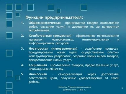 Основные функции предпринимателя в производственной сфере