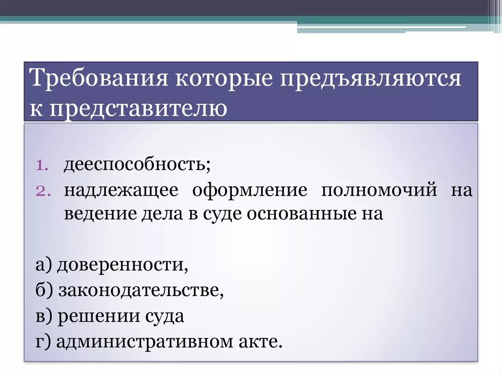 Требования предъявляемые к административным актам. Требования предъявляемые к представителю. Требования к представителю в гражданском процессе. Требования к представителю в суде. Требования, предъявляемые к судебным представителям.