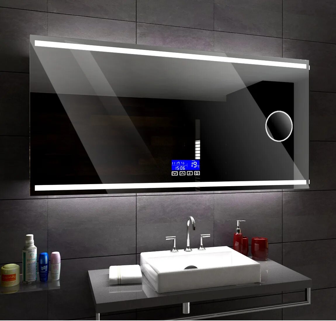 Зеркало с подсветкой в ванную с сенсорным выключателем. Зеркало для ванной с подсветкой и кнопкой. Зеркало с подсветкой в ванную с сенсорным выключателем и часами. Зеркало с подсветкой и часами в ванную. Купить зеркало с подсветкой и подогревом