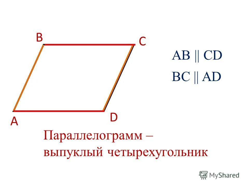 Определение параллелограмма является параллелограмм выпуклым четырехугольником. Определение параллелограмма является параллелограмм выпуклым четырехугольником