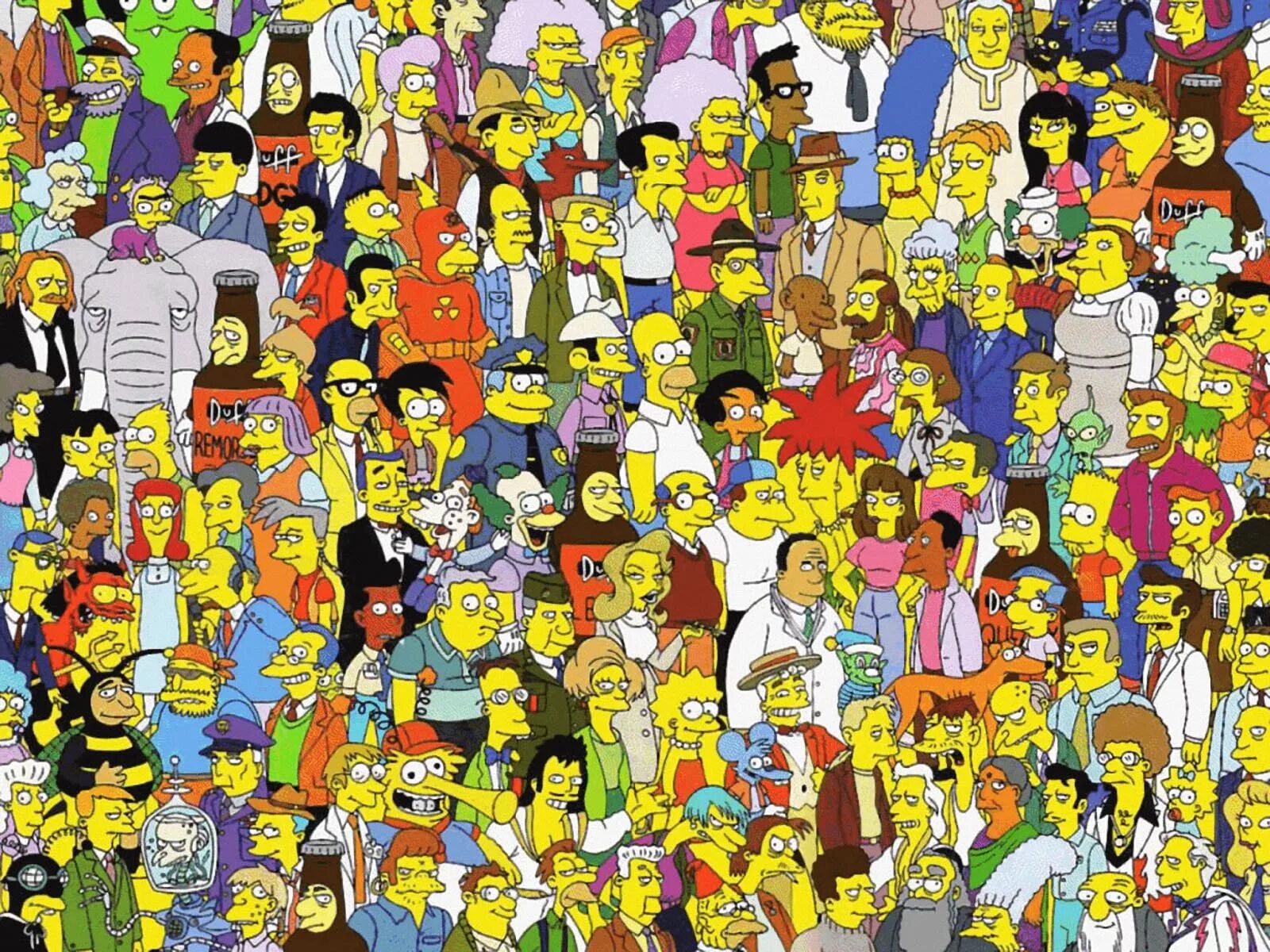 Где больше мультиков. Симпсоны. Много персонажей. Разные персонажи. Коллаж из Симпсонов.