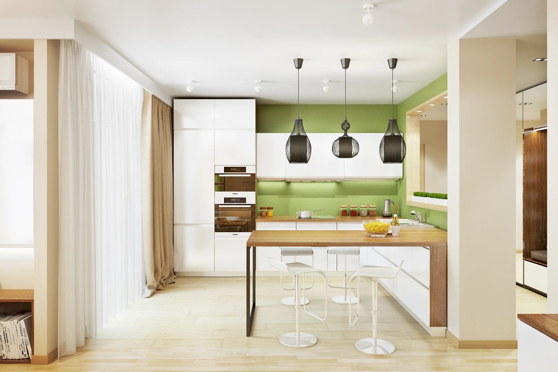 Декор обеденной зоны на кухне. Освещение на кухне. Белая кухня с барной стойкой. Кухни раздельно. 80.