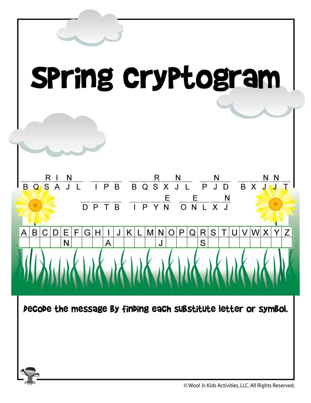 Cryptogram. Cryptogram for kids. spring activities for kids. easter cryptogram.