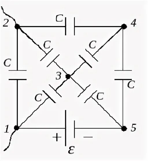 На рисунке батарея одинаковых конденсаторов. Найти разность потенциалов между точками конденсаторы схема. 4 Конденсатора соединены по схеме, определить разность потенциалов. Чему равна емкость батареи из 6 одинаковых конденсаторов если.