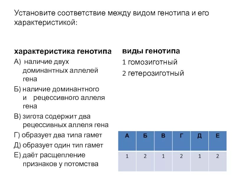 Установите соответствие между видом генотипа и его характеристикой. Наличие двух доминантных аллелей Гена. Установите соответствие между характеристиками. Установите соответствие между характеристиками и видами генотипов. Гетерозиготные особи имеют генотип