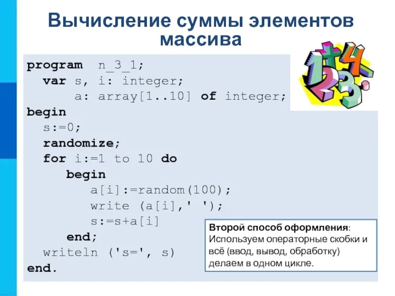 Сумма элементов геометрической. Вычислить сумму элементов массива. Суммирование элементов массива. Вычисление суммы элементов массива. Программа вычисления суммы элементов массива.