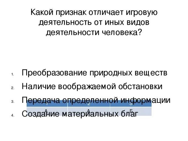 Определи какой признак отличает от других. Наличие воображаемой обстановки вид деятельности. какой признак отличает трудовую деятельность от иных видов. символизм наличие воображаемой обстановки какой вид деятельности. что отличает игру от иных видов деятельности.