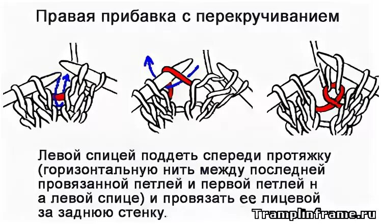 Протяжка вправо. Лицевая перекрученная петля спицами. Прибавки лицевыми петлями на спицах. Лицевая скрещенная петля. Прибавка из протяжки спицами.