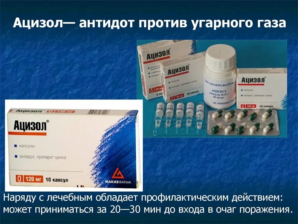 Препараты против газов. Ацизол антидот. Препарат Ацизол. Отравление угарным газом антидот. Антидот при отравлении угарным газом.