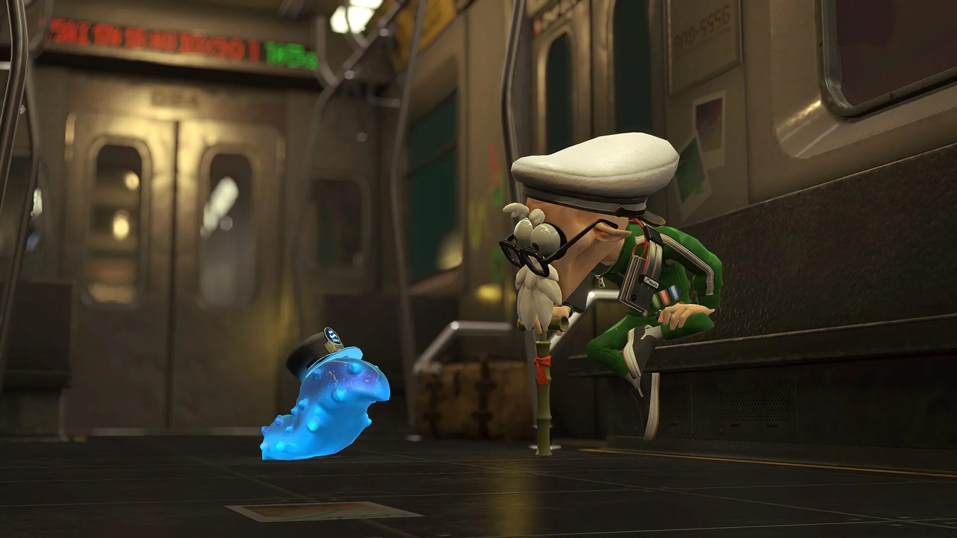 Octo the greedy astd. Проводник огурцов splatoon 2. subway conductor. octo expansion statue. джин octo 8.