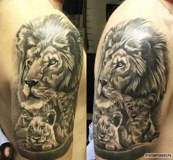 Тату Лев с львицей и львятами на плече