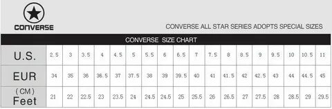 Converse размерная сетка