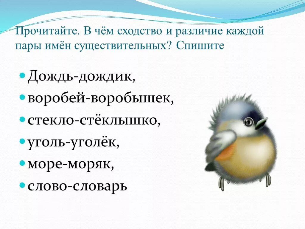 Прочитайте в чем сходство и различие слов. Дождь дождик Воробей воробышек. В чём сходство и различие имён существительных стекло стёклышко. Различие имен существительных. Дождь дождик Воробей воробышек стекло стеклышко.