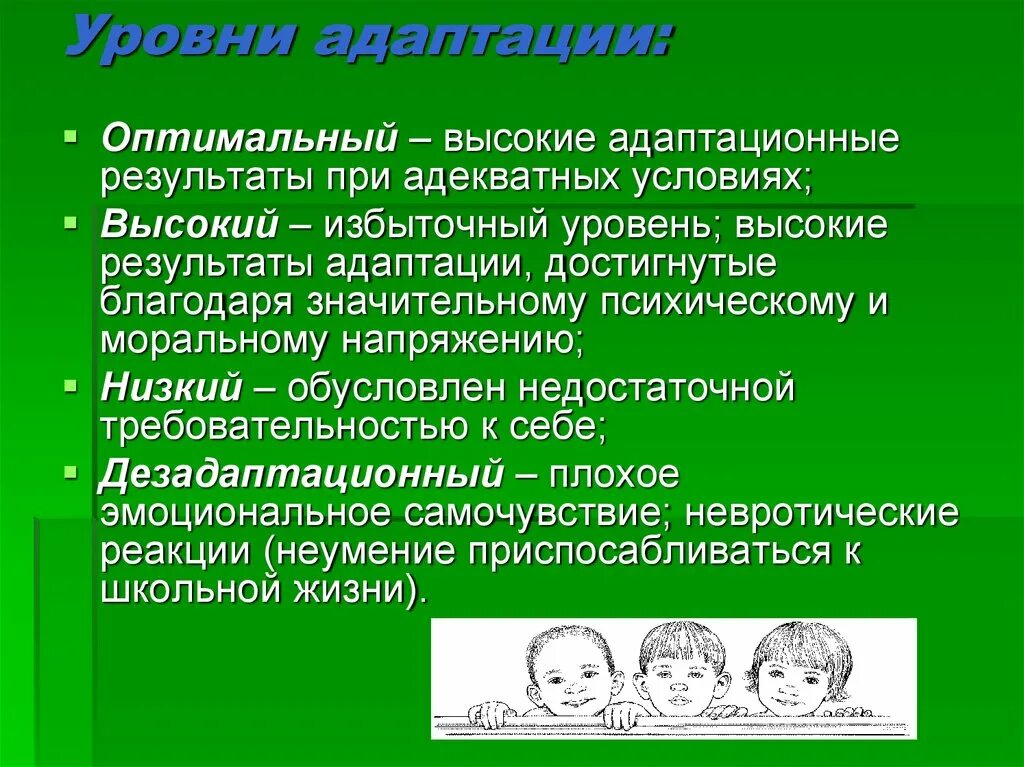 Уровни адаптации к школе. Уровни адаптации. Уровни адаптированности. Оптимальный уровень адаптации.