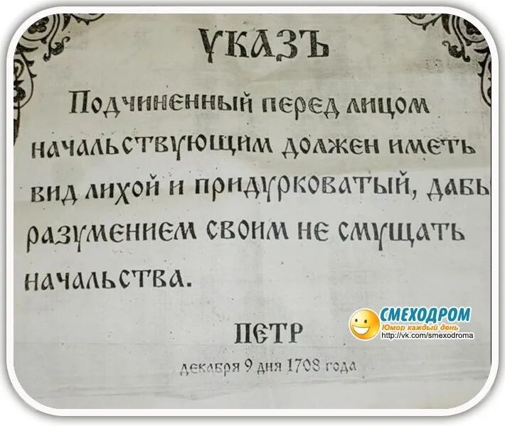 Указ Петра первого вид придурковатый. Указ Петра подчиненный. Указ подчиненный перед лицом начальствующим должен. Указ Петра 1 подчиненный.