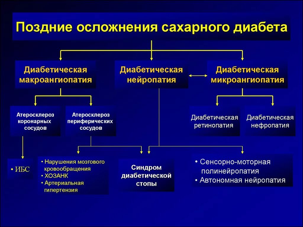 Патогенез поздних осложнений сахарного диабета. Классификация поздних хронических осложнений сахарного диабета. Этиология позднего осложнения сахарного диабета. Механизмы развития последствия сахарного диабета. Острые и хронические осложнения