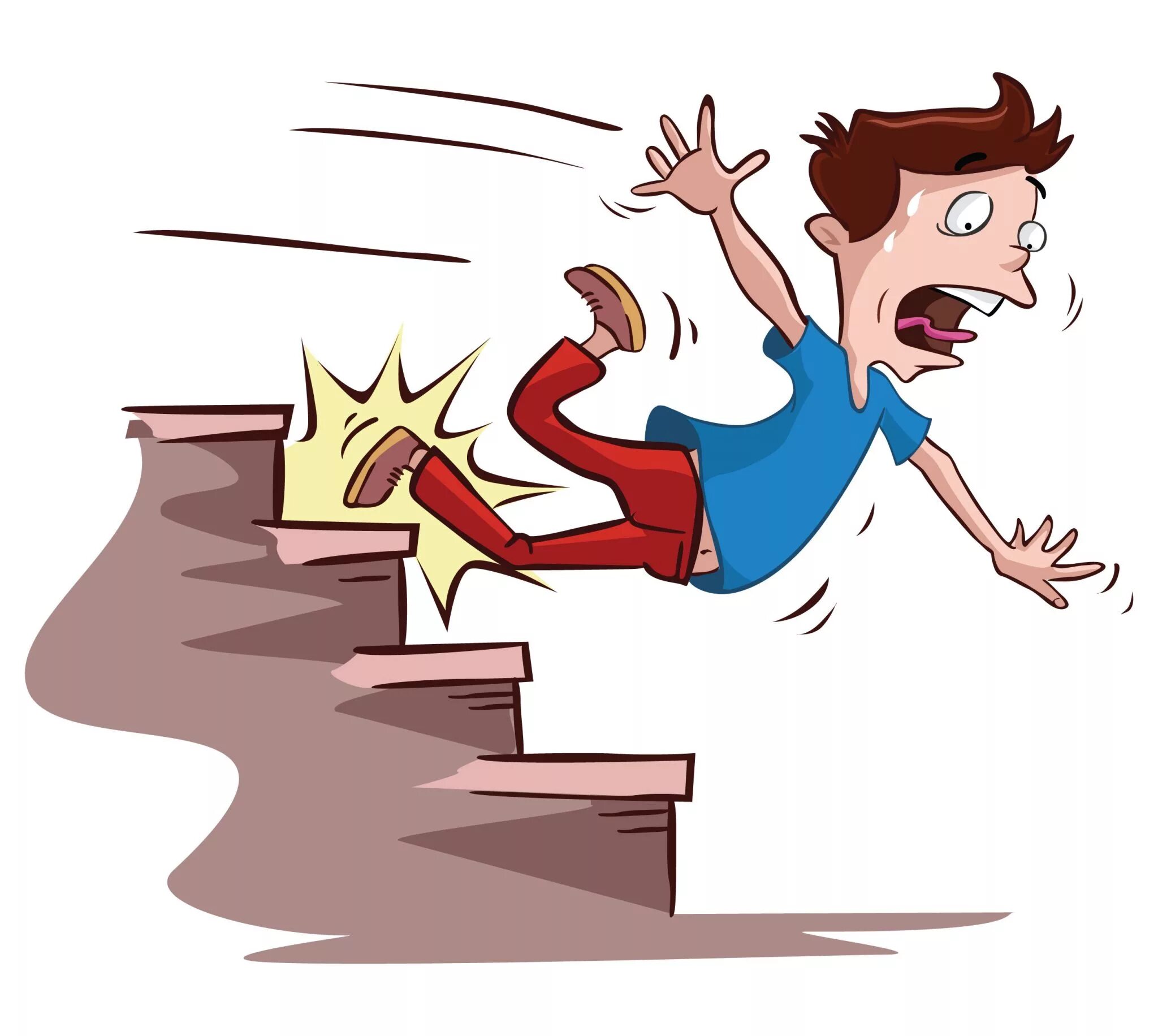 Он поскользнулся поднимаясь по лестнице. Человек спотыкается. Человек спотыкается на лестнице. Мультяшка падает.