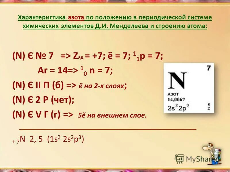 Азот вид элемента. Характеристика азота по положению. Характеристика азота по ПСХЭ. Положение азота в периодической системе. Положение азота в ПСХЭ.