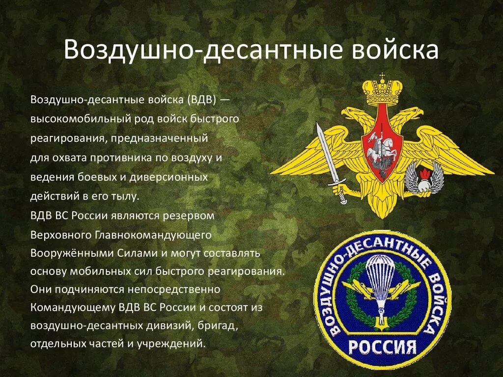 Рода войск воздушно десантные войска. ВДВ род войск. Воздушно-десантные войска России. Характеристика воздушно десантных войск. Военные войска описание