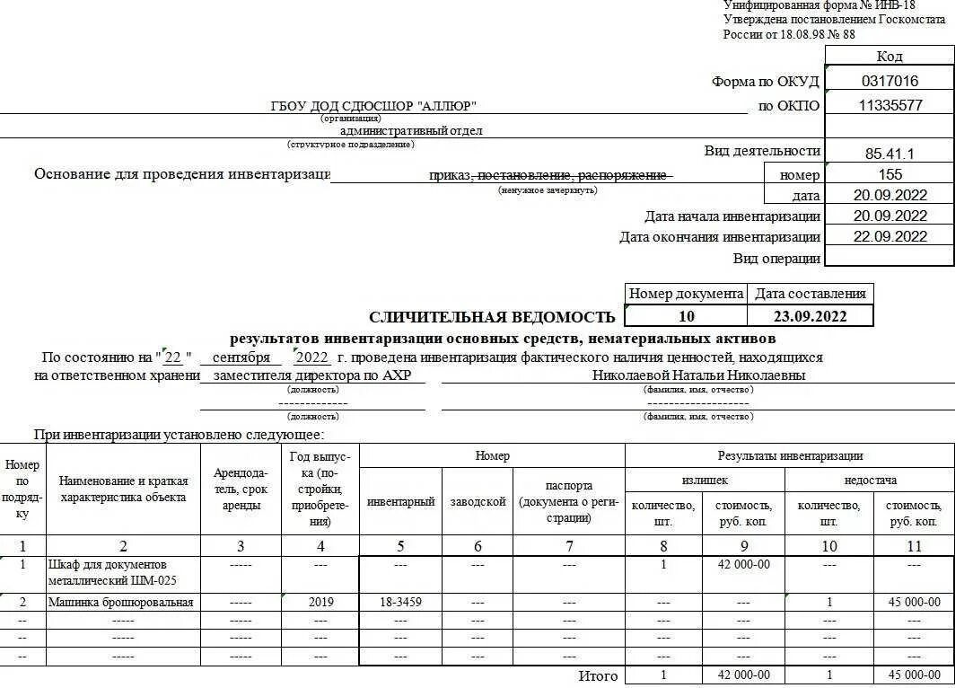 Результаты инвентаризация нематериальных активов. Инвентаризационно-сличительная ведомость. Инвентаризация основных средств инв 18. ФНУ 58 сличительная ведомость. Сличительная ведомость инвентаризации основных средств.