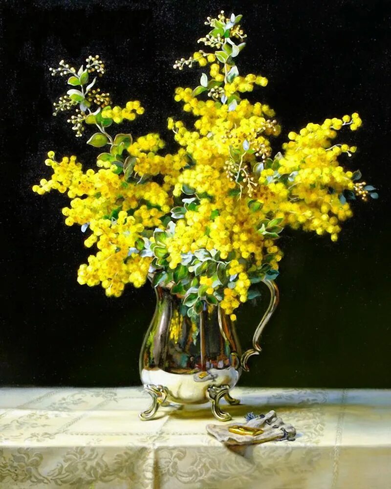 Натюрморт с мимозой. Художница Anne Cotterill. Мимоза акрилом.