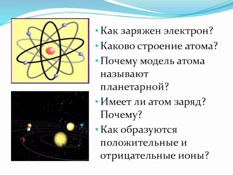 Модель атома. Планетарная модель атома. Каково строение атома. Имеет ли атом заряд. Почему планетарная модель