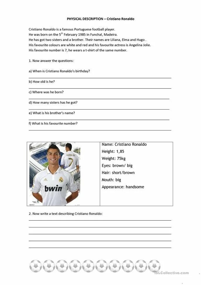 Описание криштиану роналду на английском. Cristiano ronaldo worksheet. physical description. анкета роналдо на английском. криштиану роналду портфолио на английском.