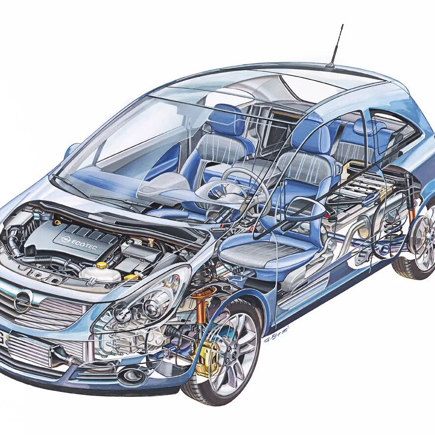 Строение автомобиля. Автомобиль в разрезе. Конструкция машины. Внутренности машины. Car device