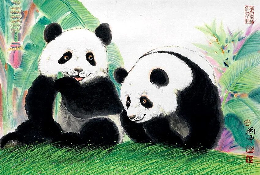 Панда собирает в круг. Китайская Панда Сюнмао. Панда живопись. Пейзаж с пандой. Древняя Панда.